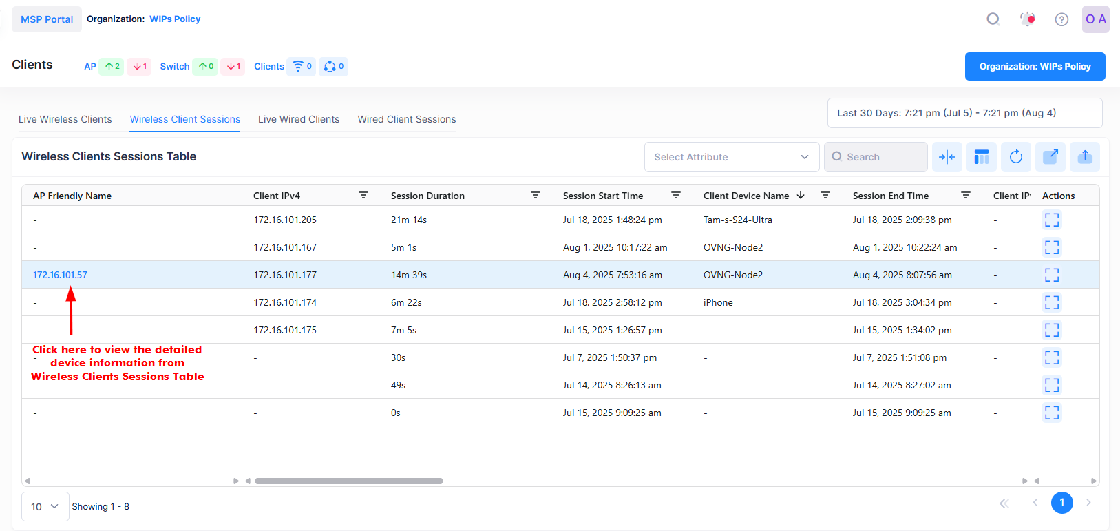 Live wireless Clients session view detail - OmniVista Cirrus 10.5.1-20250804-140450.png