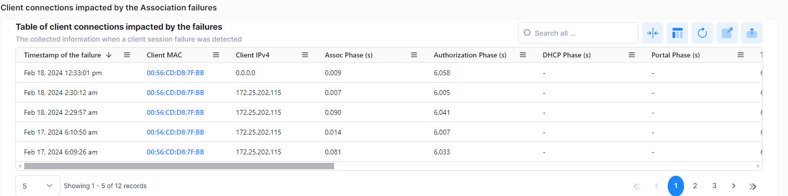 Table of client connections impacted by Classifiers-QoE - OmniVista Cirrus 10.4.2-20240219-083837.png