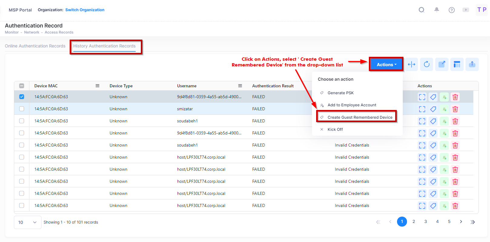 create guest remembered device history-Authentication Record - OmniVista Cirrus 10.4.2-20240213-084023.png